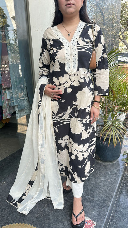 Florid Black white Digital Cotton Designer Suit