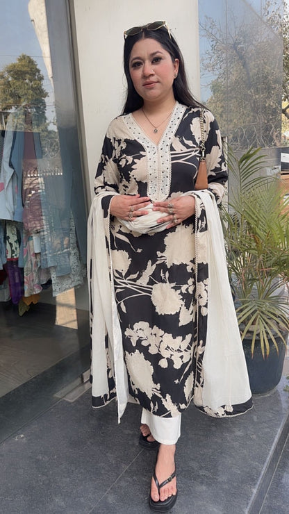 Florid Black white Digital Cotton Designer Suit