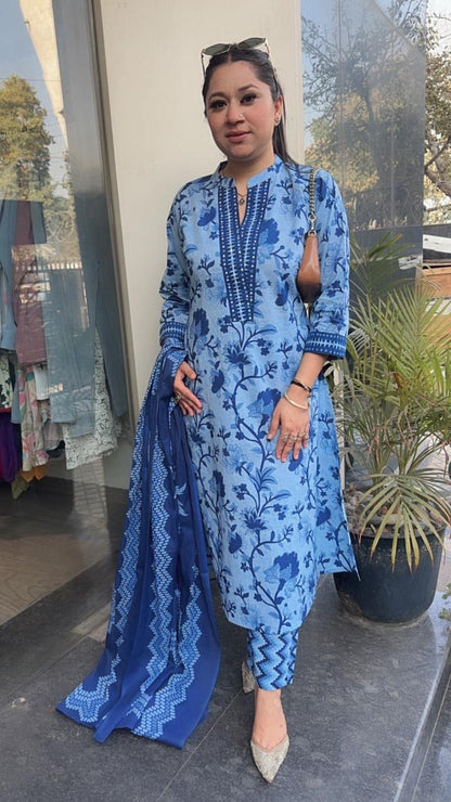 Nawab Blue Cotton Designer Suit