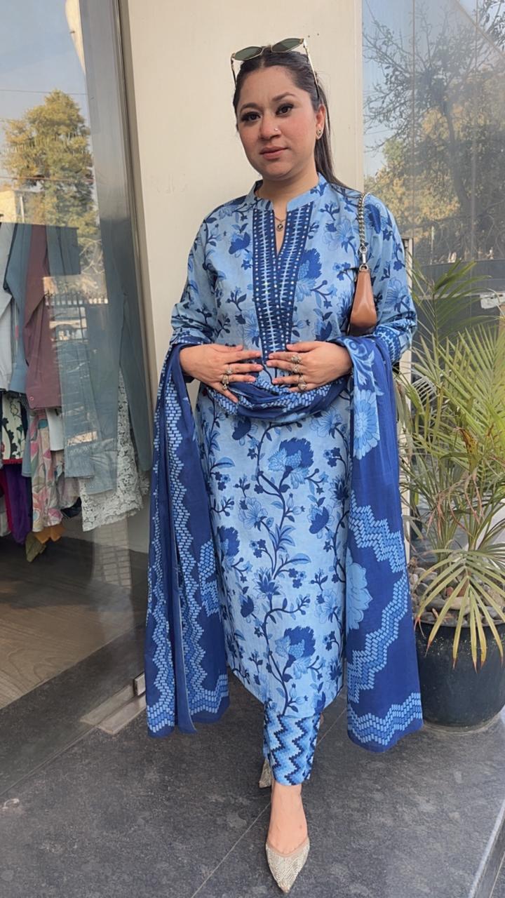 Nawab Blue Cotton Designer Suit