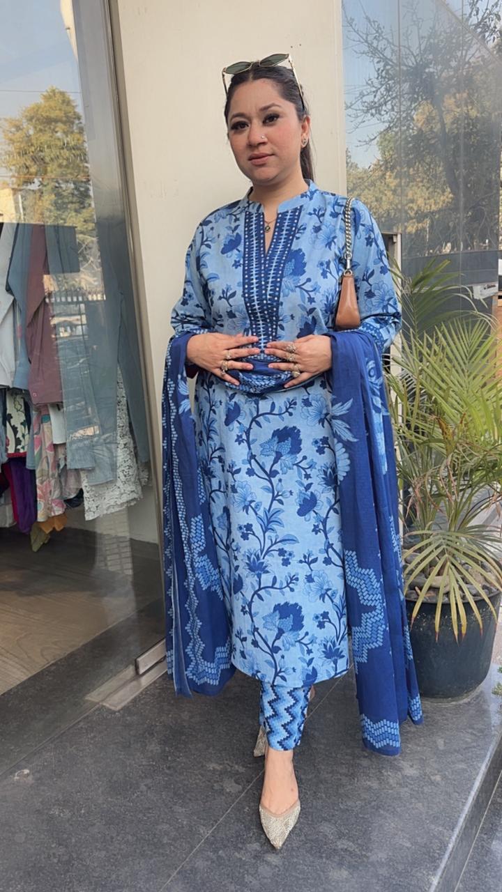 Nawab Blue Cotton Designer Suit