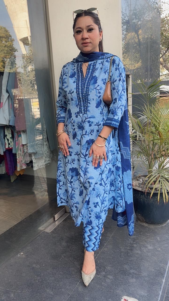 Nawab Blue Cotton Designer Suit