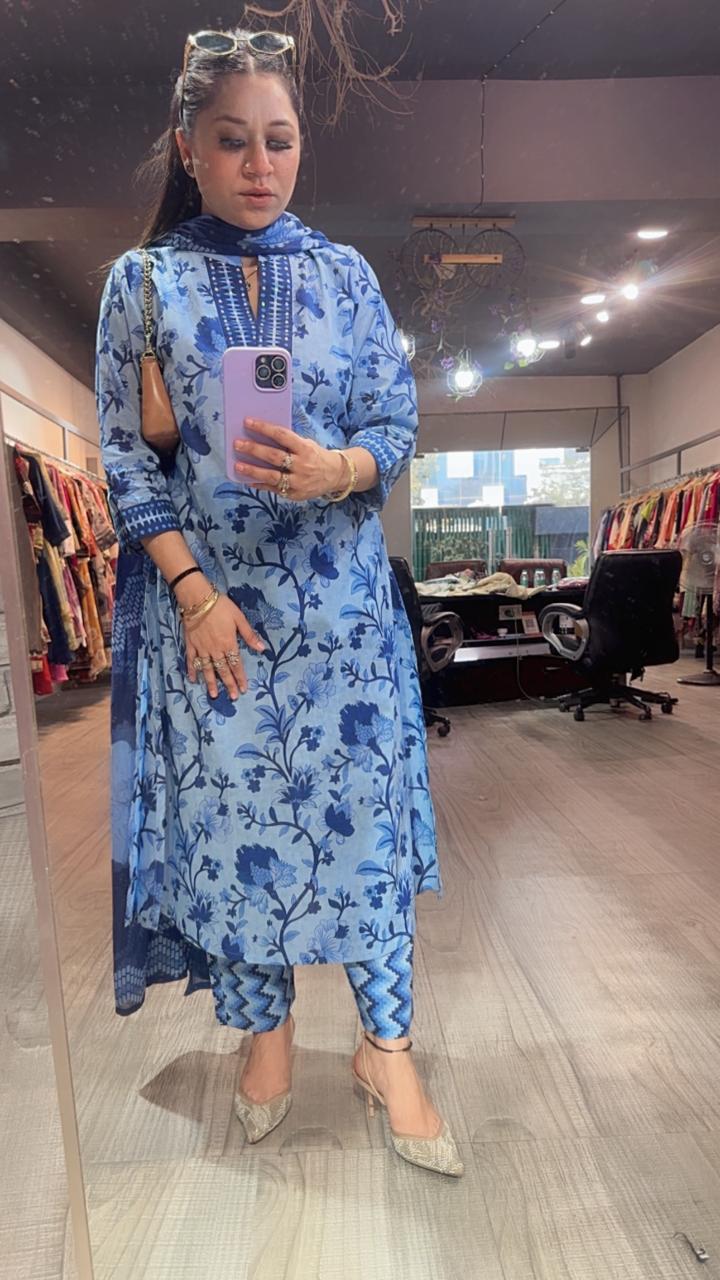 Nawab Blue Cotton Designer Suit