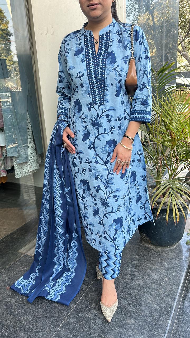 Nawab Blue Cotton Designer Suit