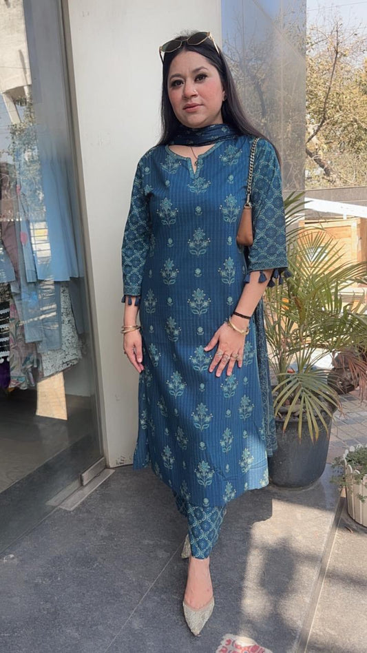 Rasam Teal Blue Cotton Designer Suit