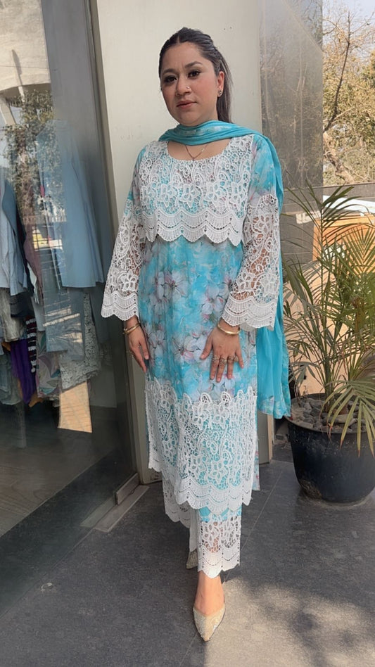 Fitoor Sky Blue Cotton Lace Designer Suit