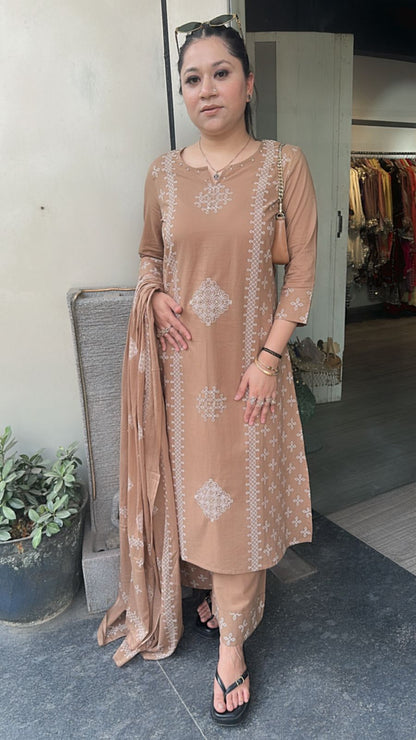 Loreto Beige Cotton Designer Suit