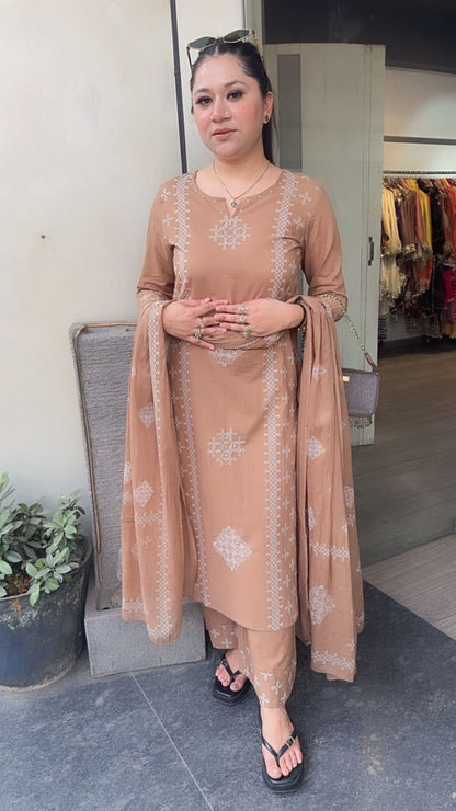 Loreto Beige Cotton Designer Suit