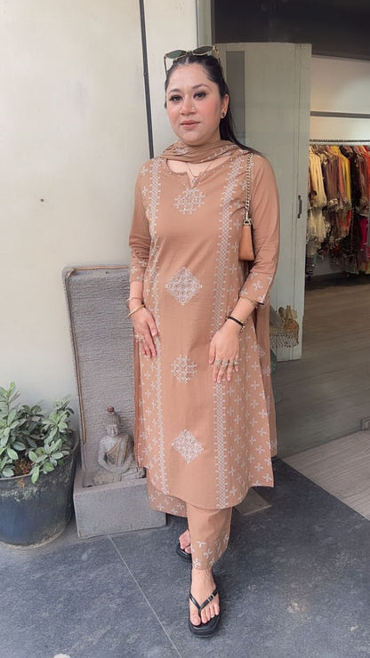 Loreto Beige Cotton Designer Suit