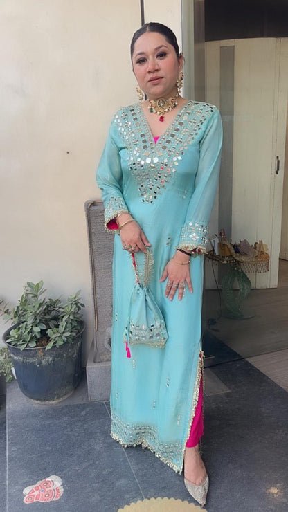 Kareena kapoor Aqua with pants Mirror Dress with Potli