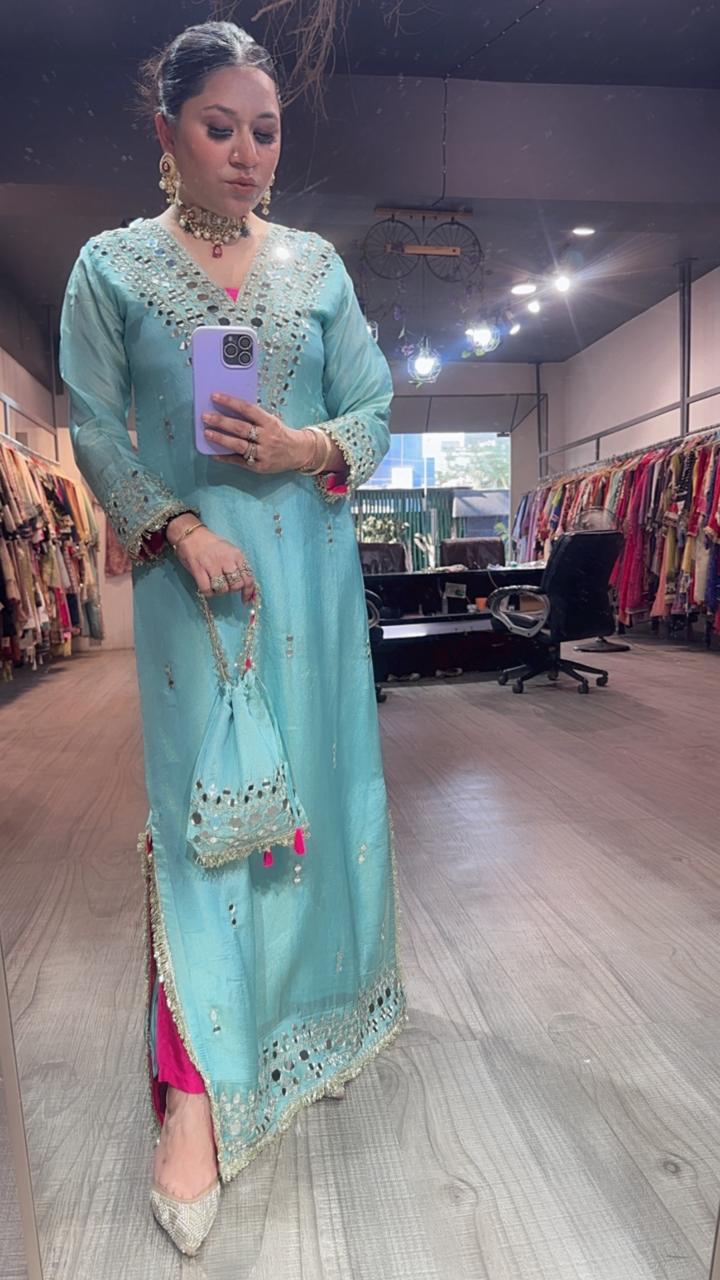 Kareena kapoor Aqua with pants Mirror Dress with Potli