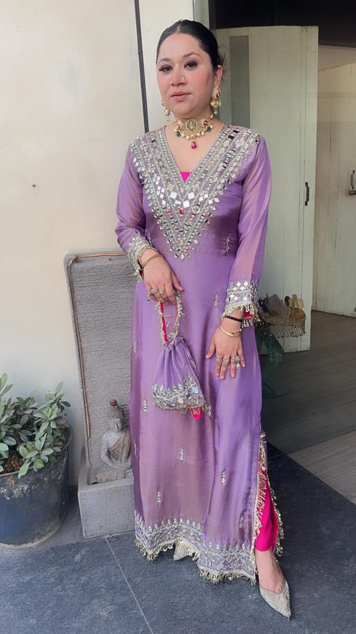 Kareena kapoor Lavander with pants Mirror Dress with Potli