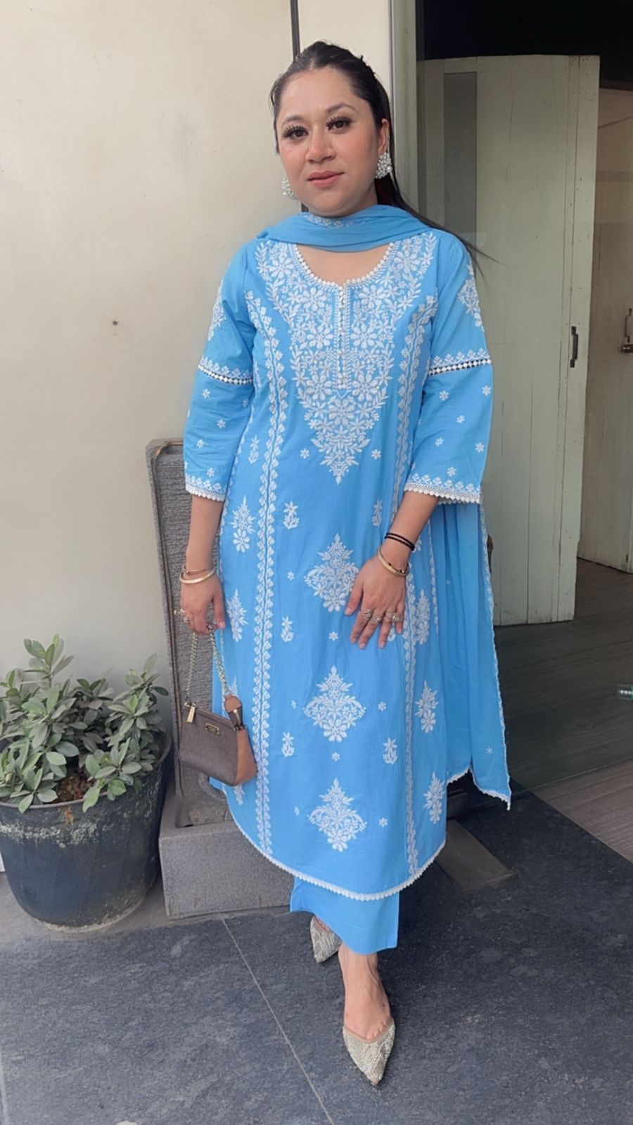 Lucknowi Blue Chikankari A-Line Cotton Suit