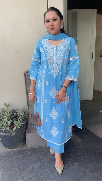 Lucknowi Blue Chikankari A-Line Cotton Suit