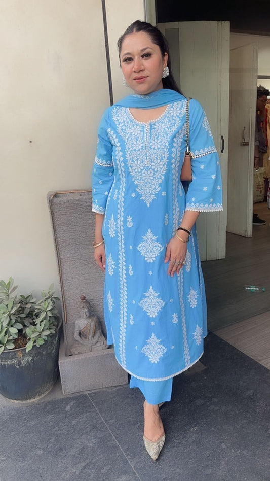 Lucknowi Blue Chikankari A-Line Cotton Suit
