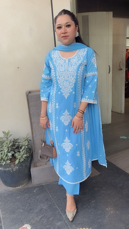 Lucknowi Blue Chikankari A-Line Cotton Suit