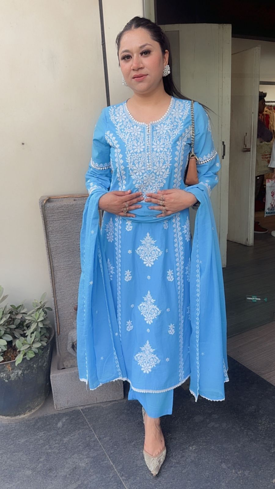 Lucknowi Blue Chikankari A-Line Cotton Suit