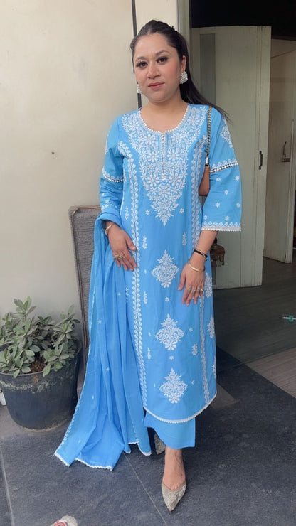 Lucknowi Blue Chikankari A-Line Cotton Suit