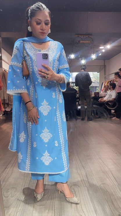 Lucknowi Blue Chikankari A-Line Cotton Suit