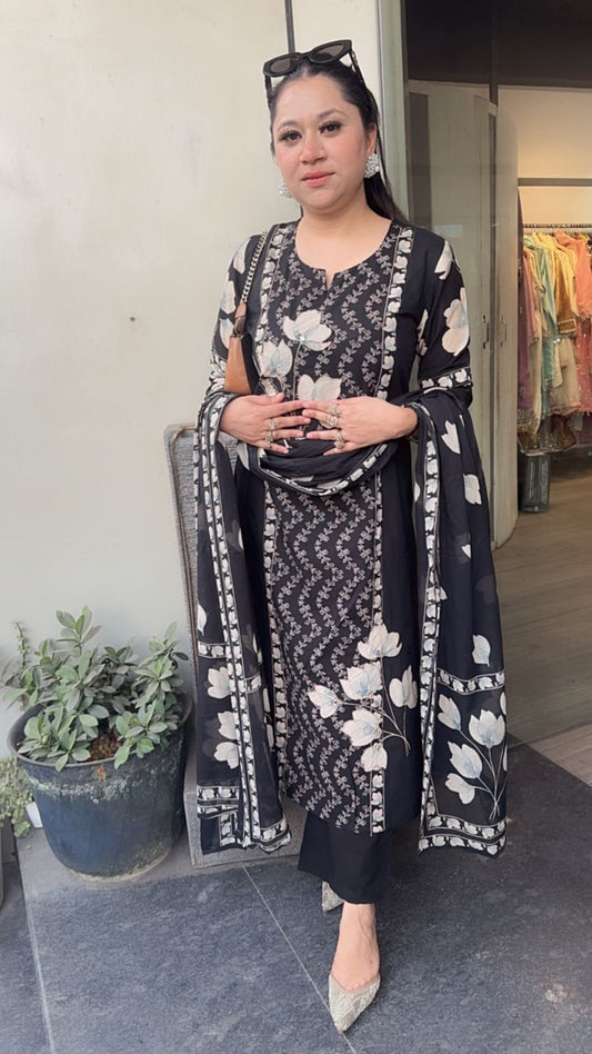 Zainab Black Floral Cotton Suit