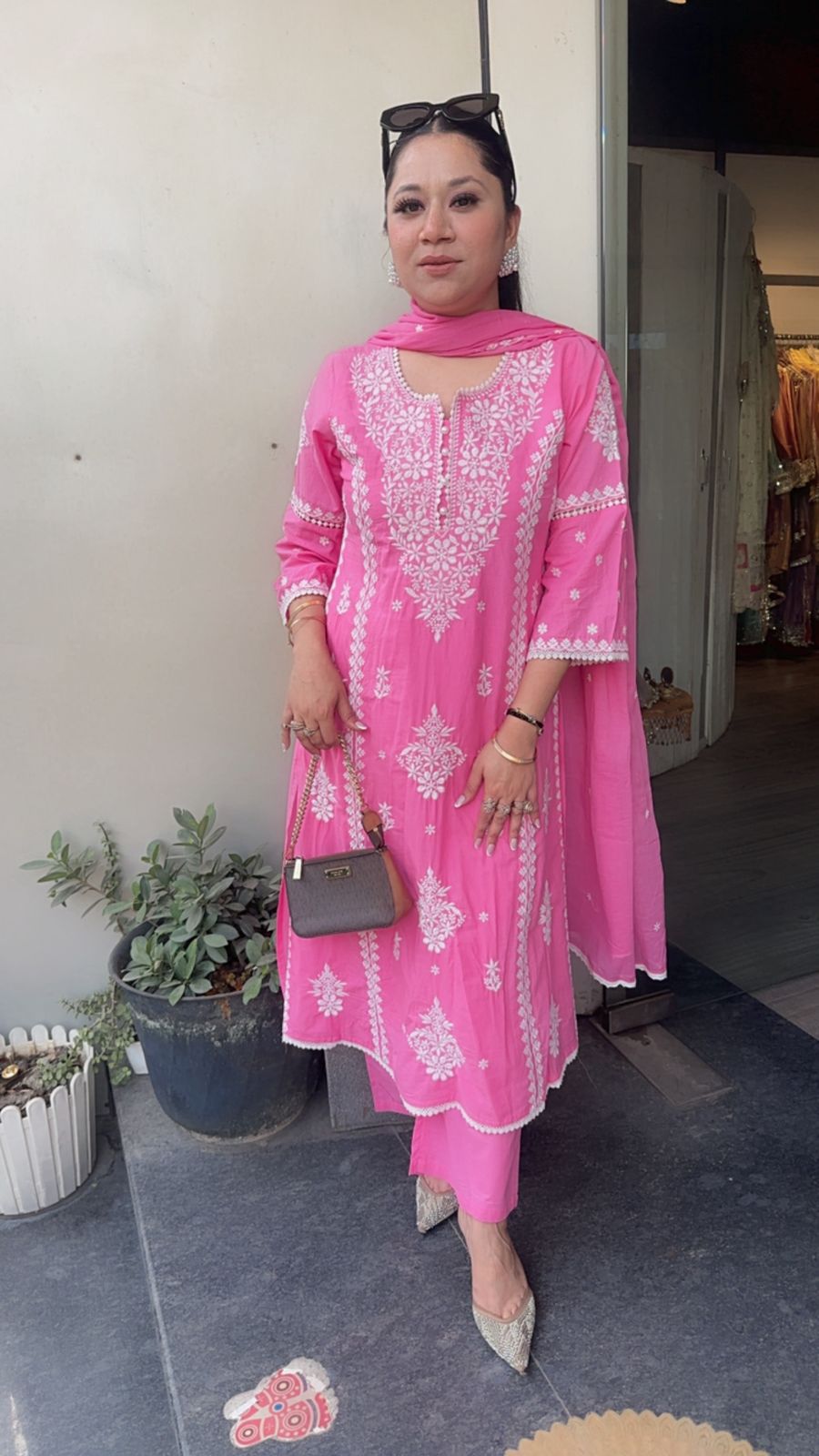 Lucknowi pink Chikankari A-Line Cotton Suit
