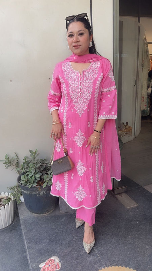Lucknowi pink Chikankari A-Line Cotton Suit