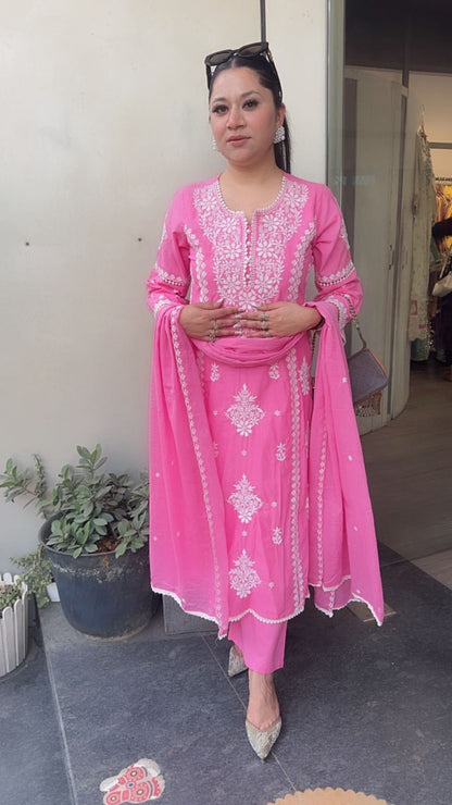 Lucknowi pink Chikankari A-Line Cotton Suit