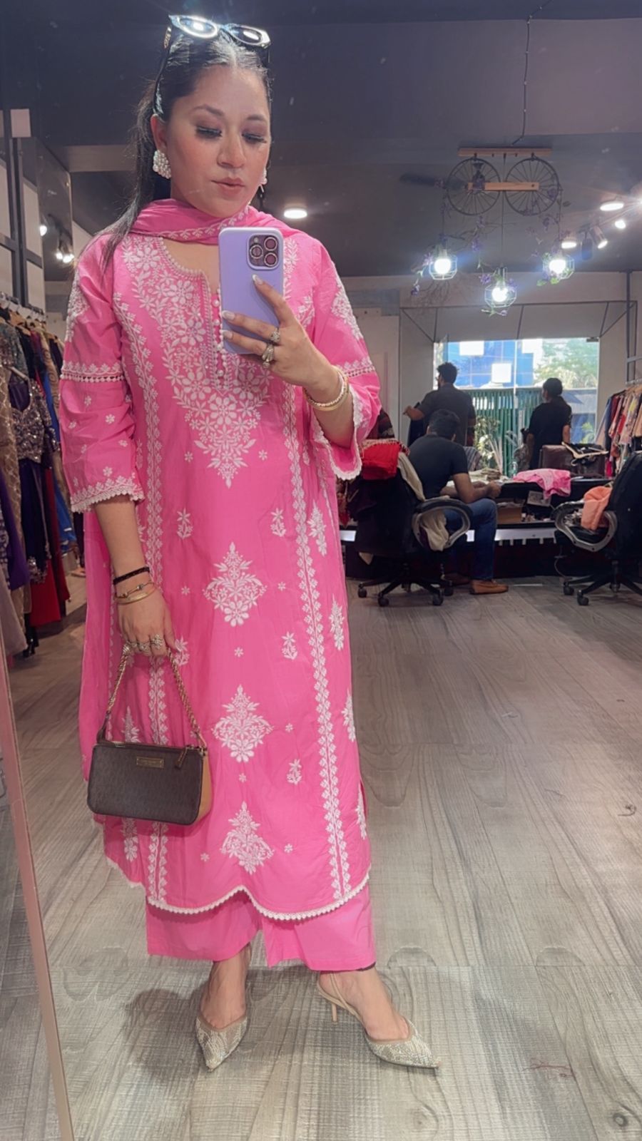 Lucknowi pink Chikankari A-Line Cotton Suit