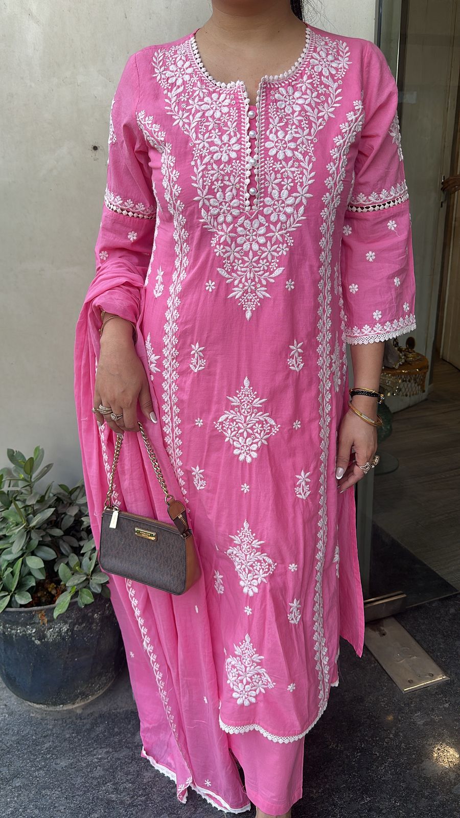 Lucknowi pink Chikankari A-Line Cotton Suit