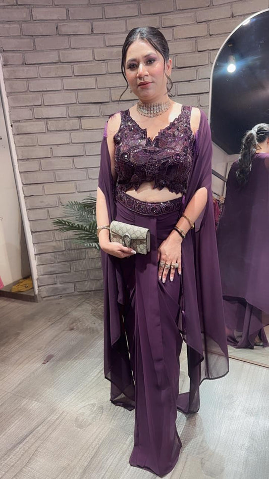 Tivoli Sufi wine Dhoti Cape Dress 3pc set