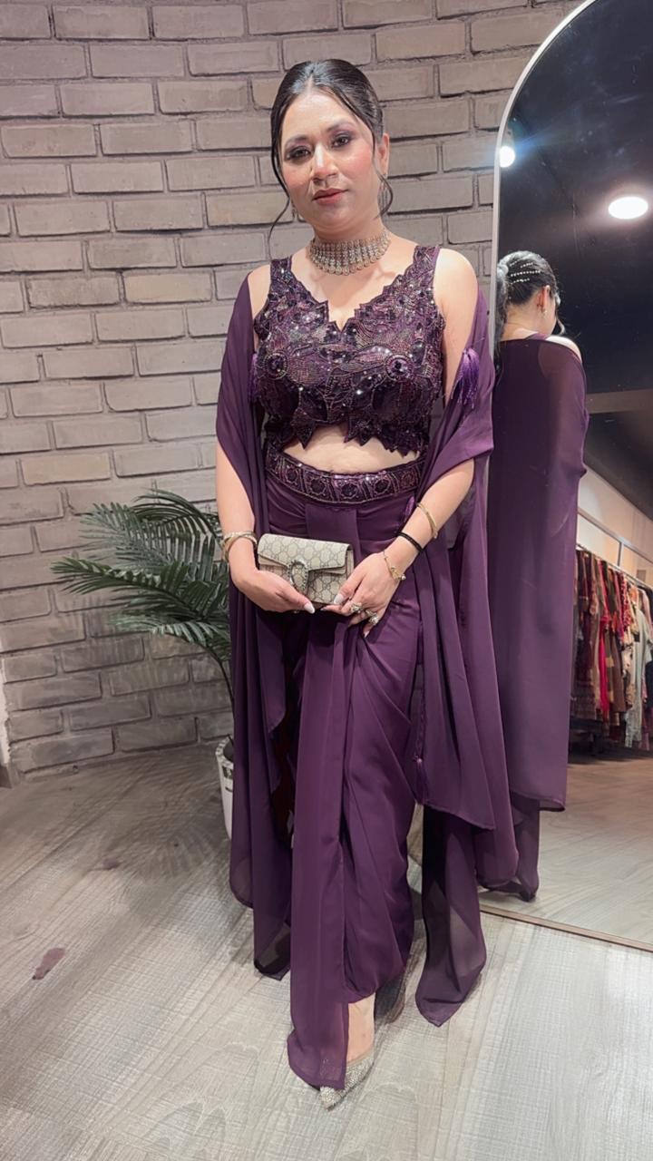 Tivoli Sufi wine Dhoti Cape Dress 3pc set