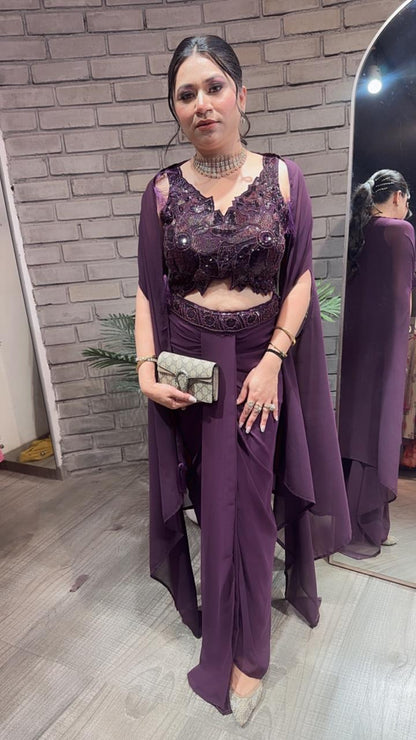 Tivoli Sufi wine Dhoti Cape Dress 3pc set