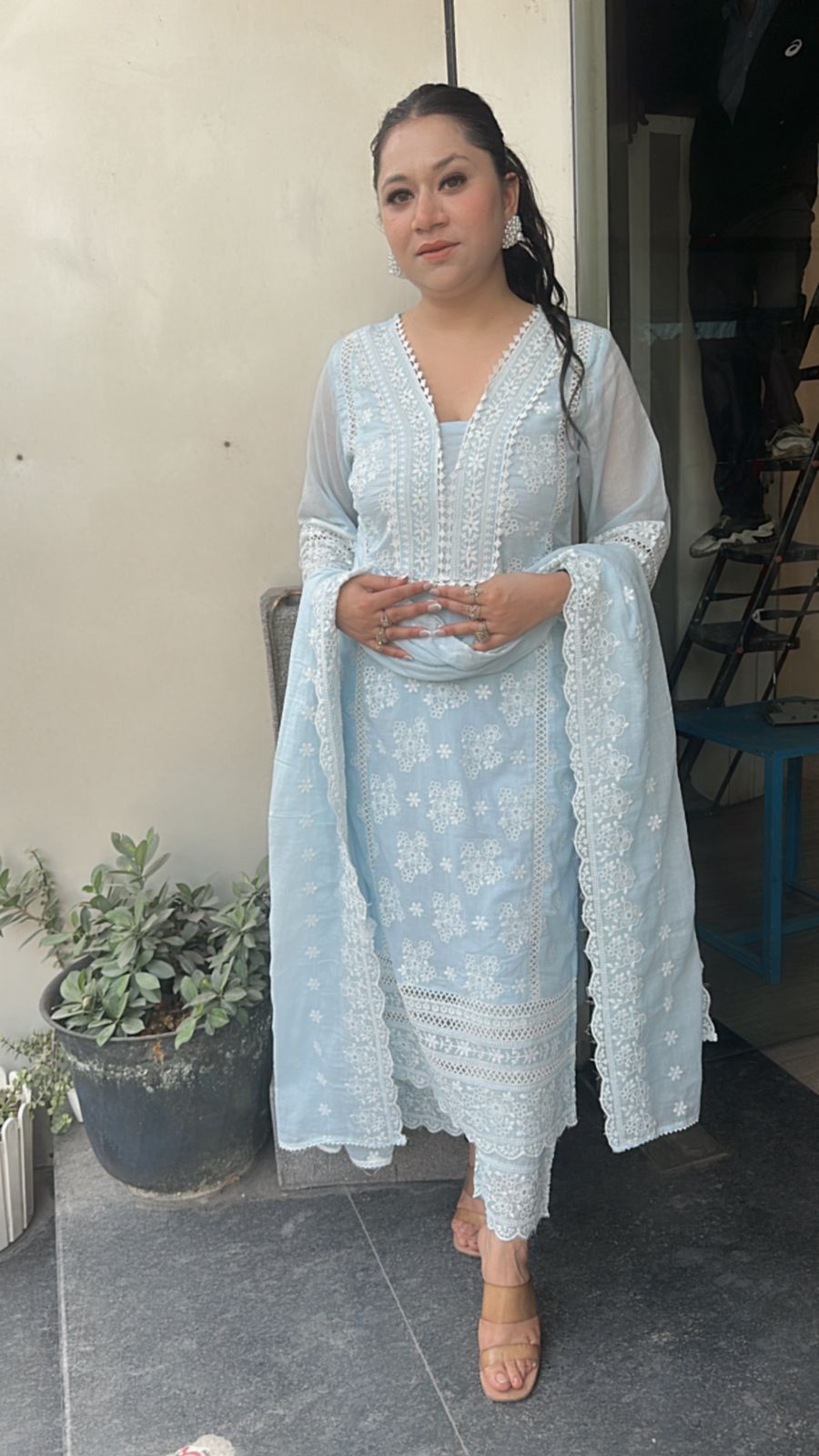 Motif Blue Chikankari Cotton Suit
