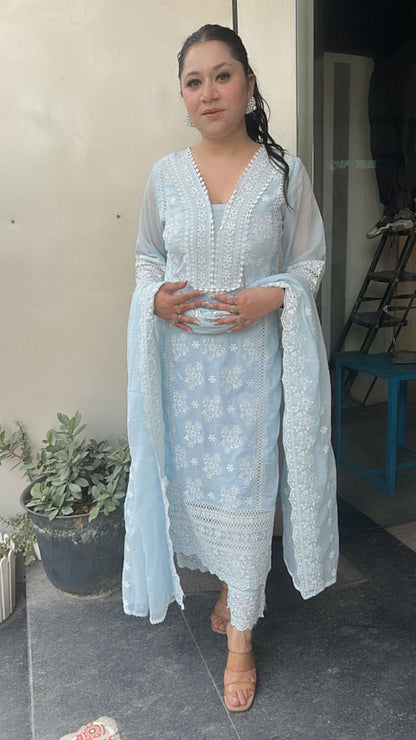 Motif Blue Chikankari Cotton Suit