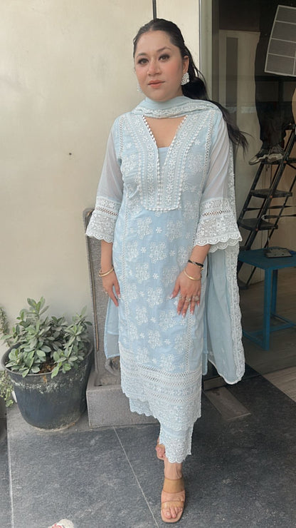 Motif Blue Chikankari Cotton Suit