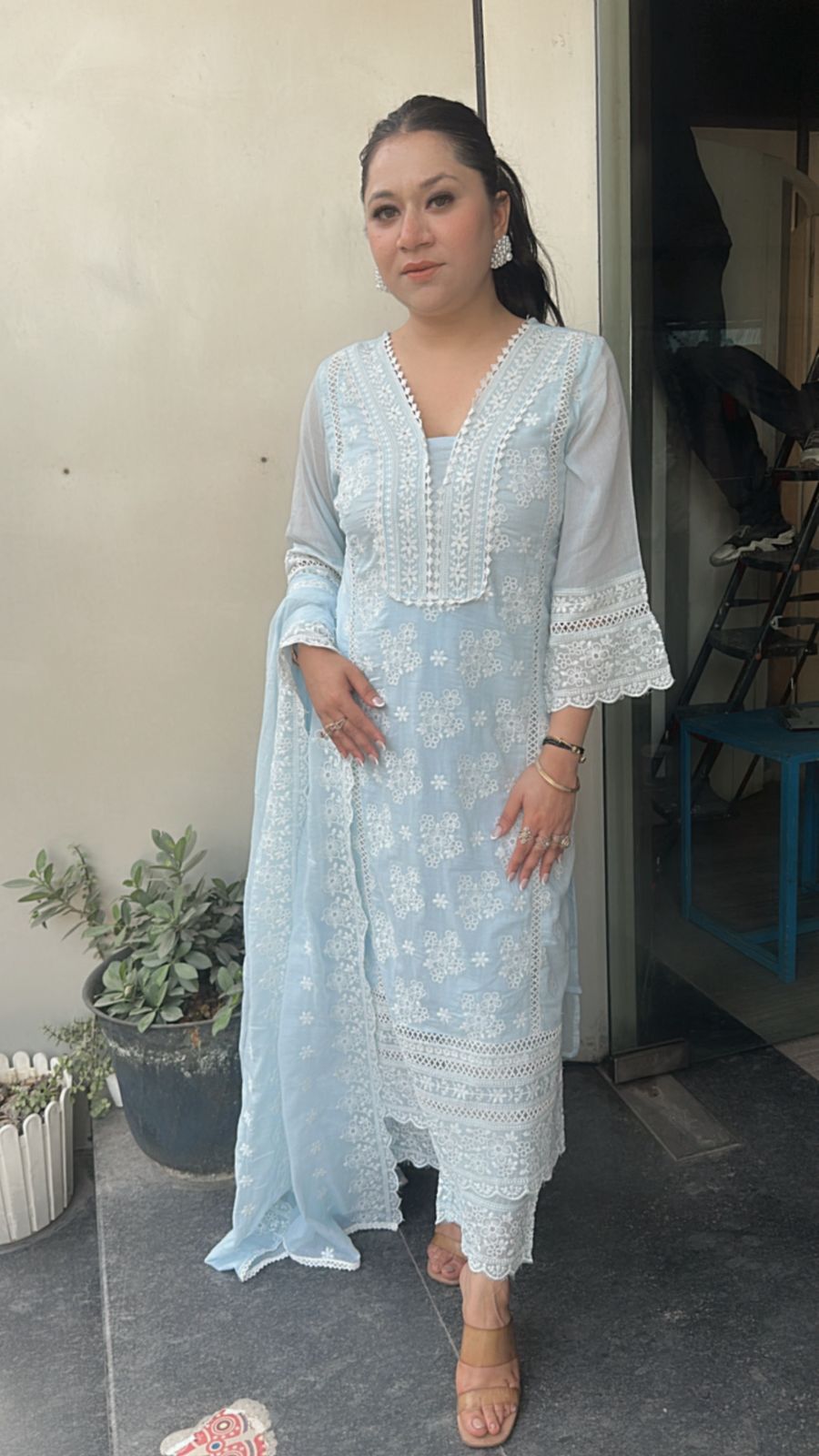 Motif Blue Chikankari Cotton Suit