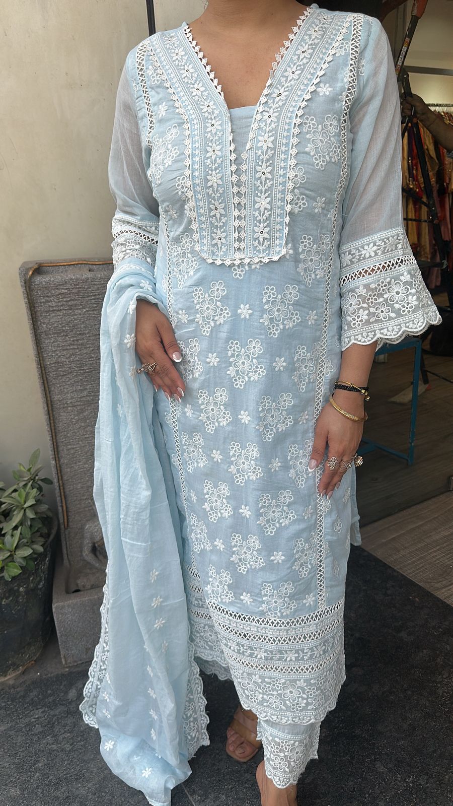 Motif Blue Chikankari Cotton Suit