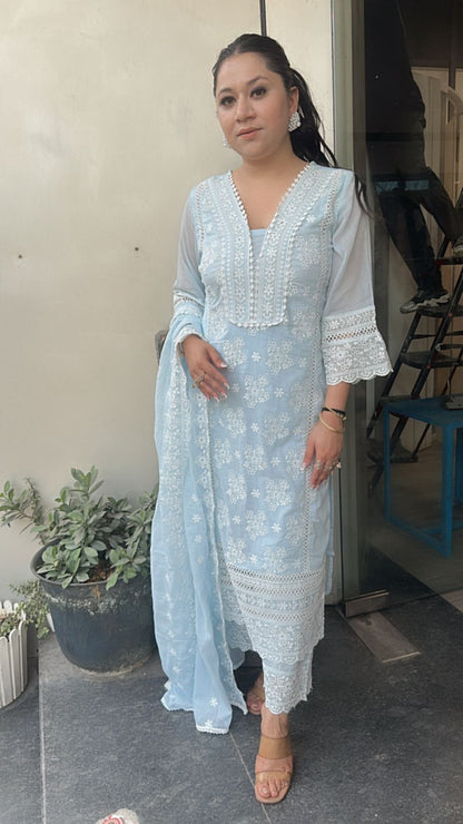 Motif Blue Chikankari Cotton Suit