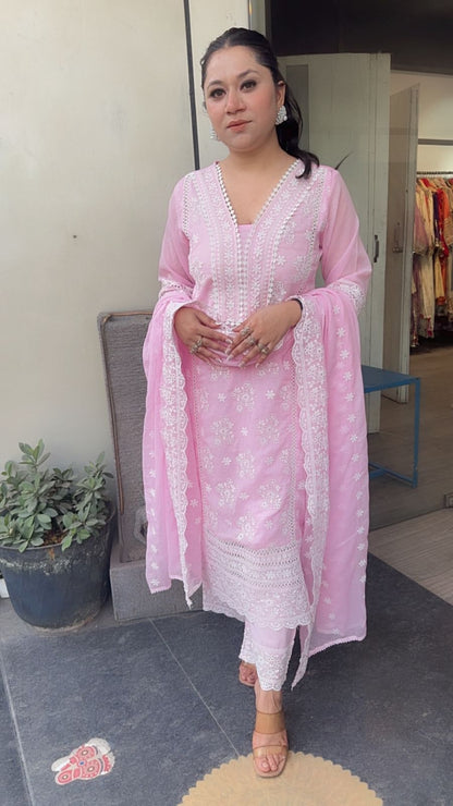 Motif pink Chikankari Cotton Suit