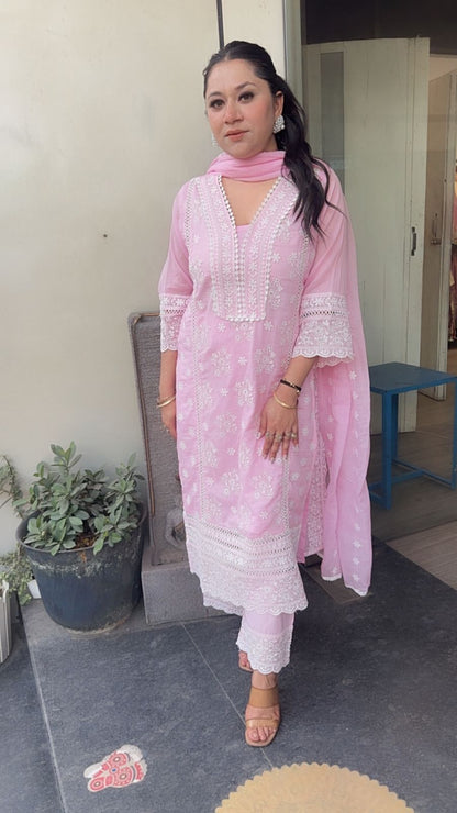 Motif pink Chikankari Cotton Suit