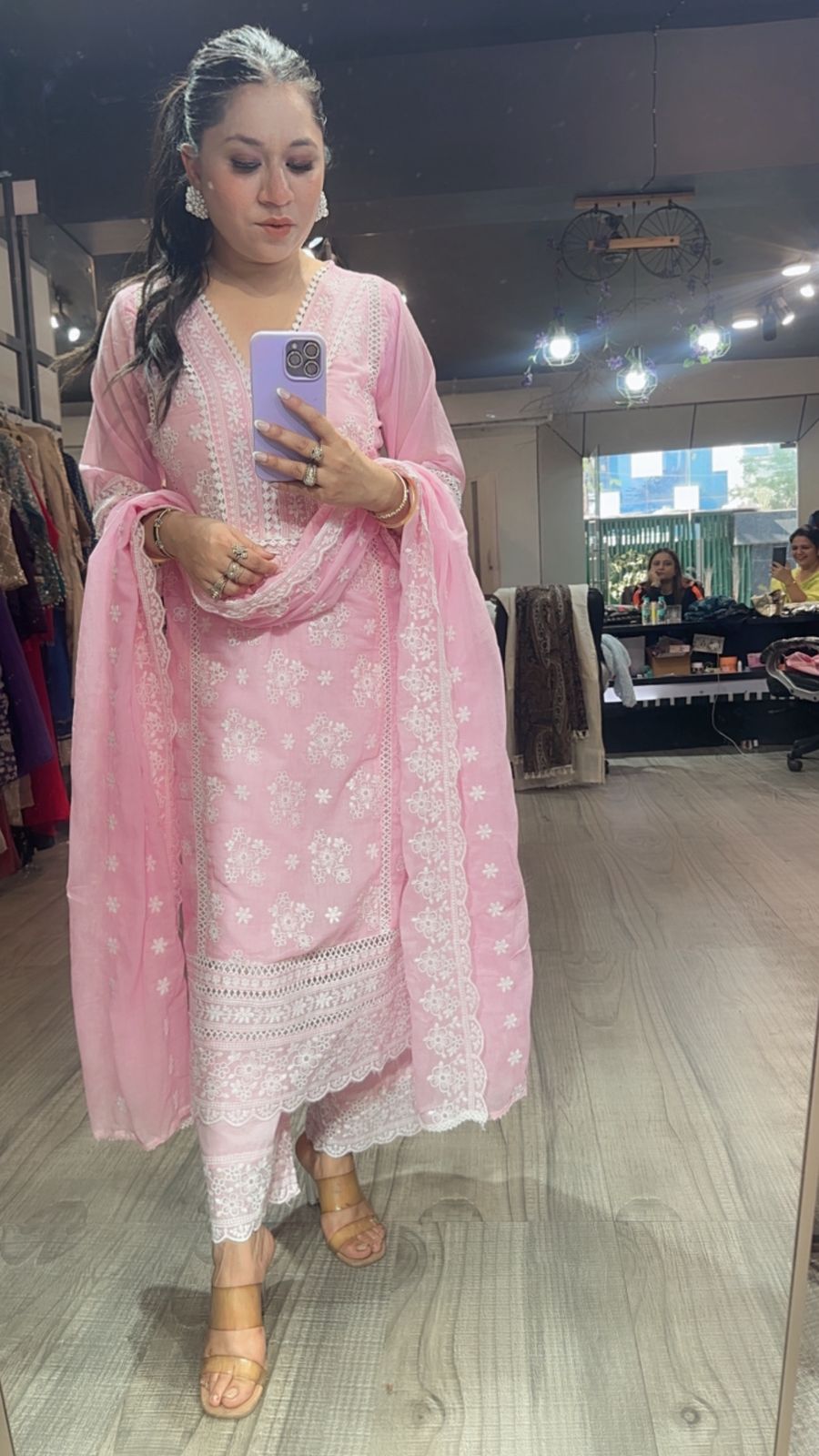 Motif pink Chikankari Cotton Suit