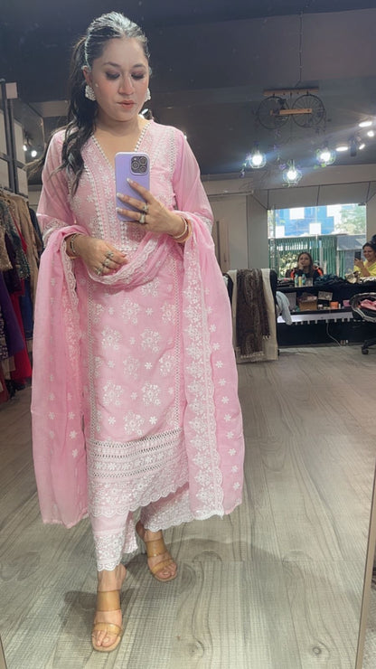 Motif pink Chikankari Cotton Suit