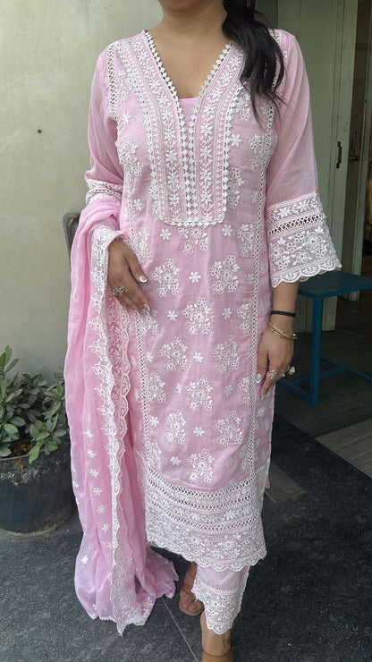 Motif pink Chikankari Cotton Suit