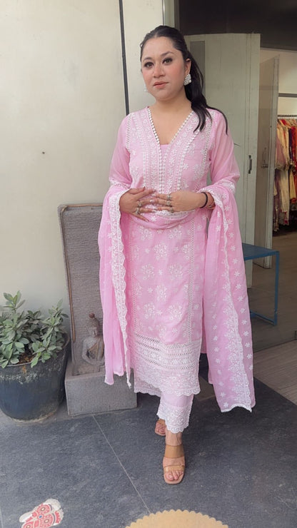 Motif pink Chikankari Cotton Suit