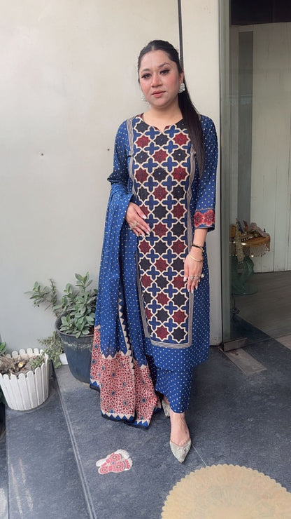 Kitaab Royal Blue Digital Cotton Suit