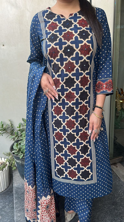 Kitaab Royal Blue Digital Cotton Suit