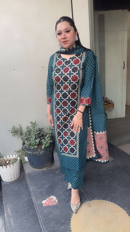 Kitaab Teal Blue Digital Cotton Suit