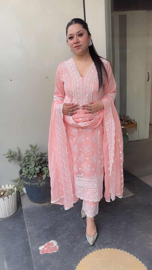 Motif peach Chikankari Cotton Suit