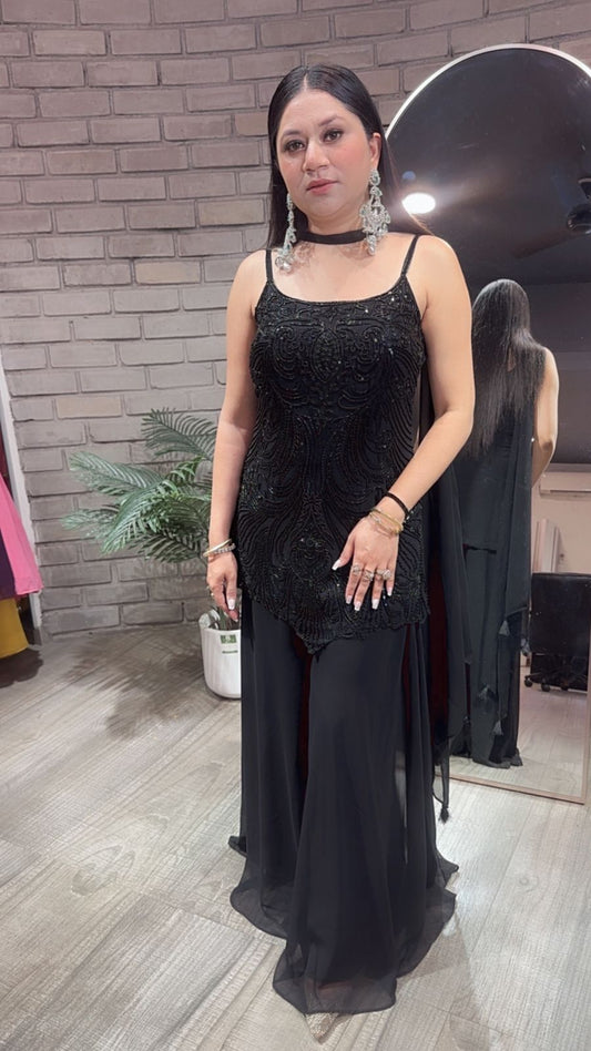 Bollywood Black 3pc Set Designer Plazoo Set (Sleeve Fabric Attached)