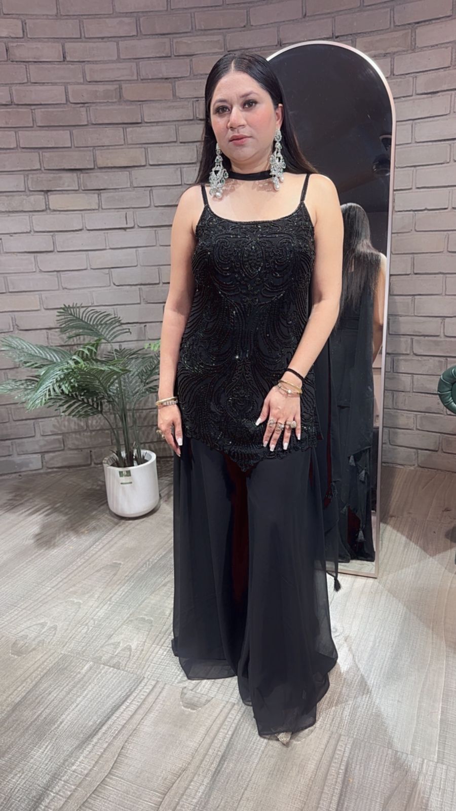 Bollywood Black 3pc Set Designer Plazoo Set (Sleeve Fabric Attached)
